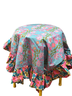 Bohemian Mini Table + 2 Side Mini Floral Teal Aqua Ruffled Table Throw Set of 2